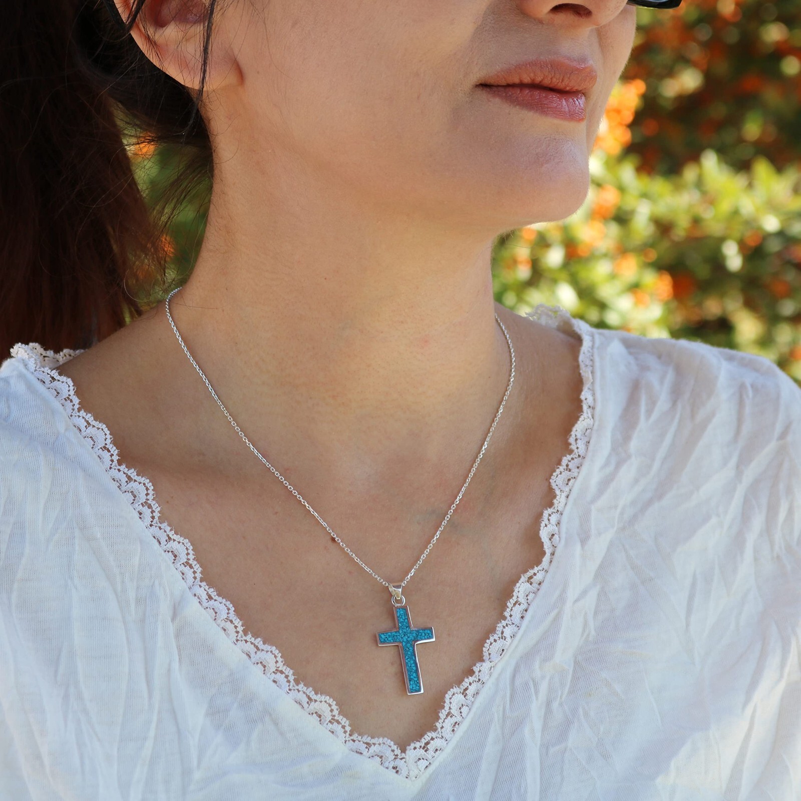 Sterling Silver 925 Blue Turquoise Cross Pendant for Men & Women- No Chain