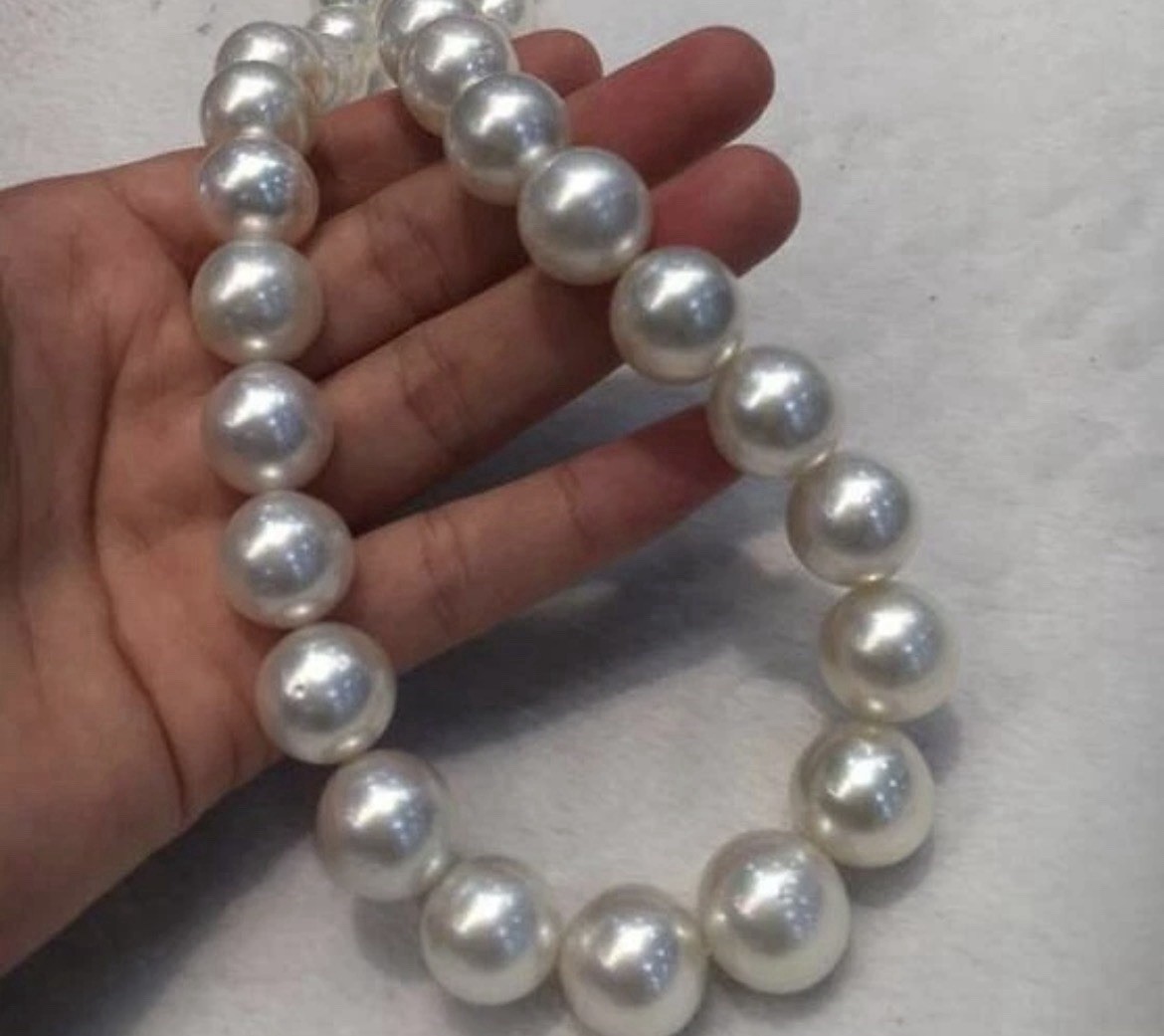Enormous 17” 12-15 mm Round White SS Pearl Necklace, Gorgeous Luster