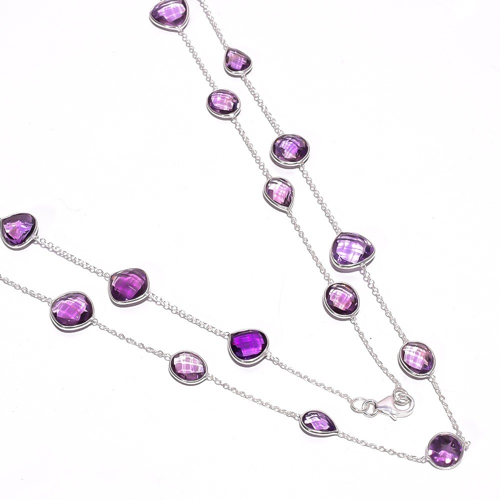 98.95ct Natural Amethyst Station Necklace 925 Sterling Silver Long Chain 38″