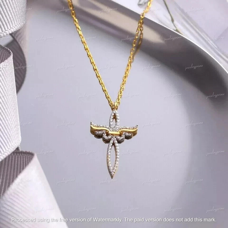 Beauty Cross 2Ct Diamond Round Cut Lab Created Pendant 14K Yellow Gold Plated