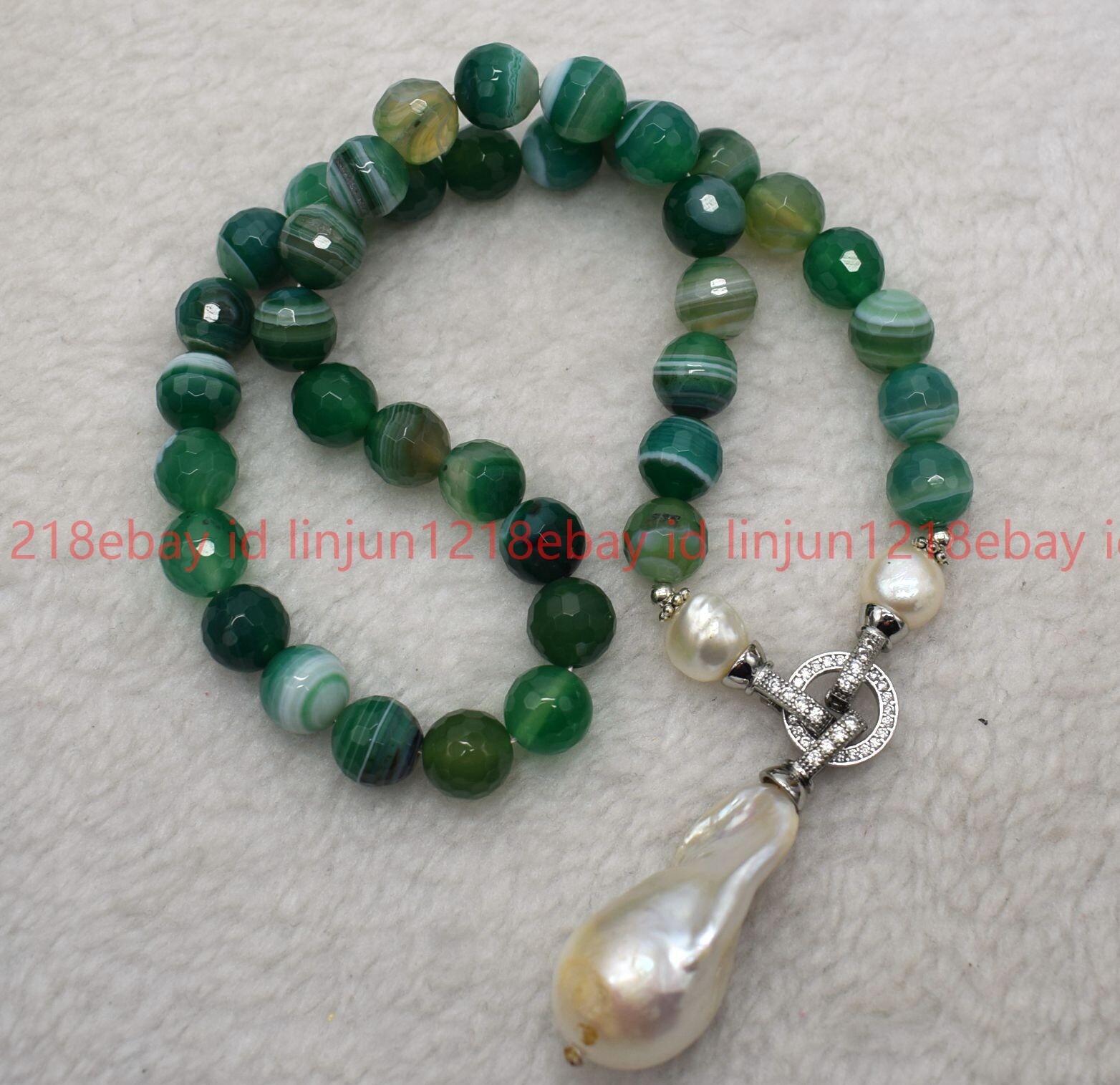 8mm Faceted Green Striped Agate Round White Baroque Pendant Necklace 16-32in