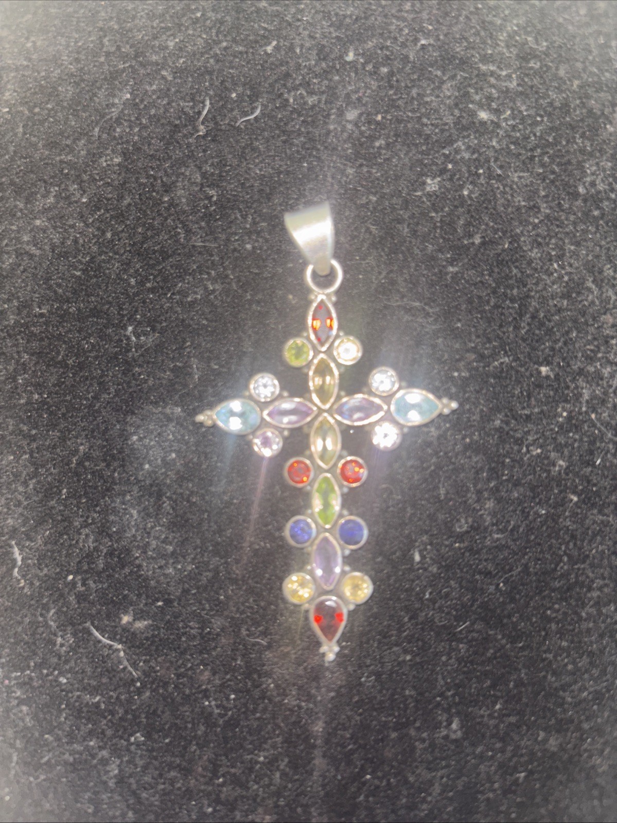 Sterling silver, multi gemstone, Marquise, and round cross pendant