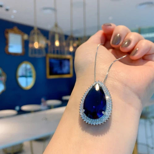 3.50Ct Lab-Created Sapphire Halo Pendant 14K White Gold Finish 18″ Free Chain