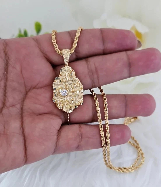 14K Yellow GoldPlatedDiamond Nugget Charm Pendant w/24″ Chain Necklace For Men’s