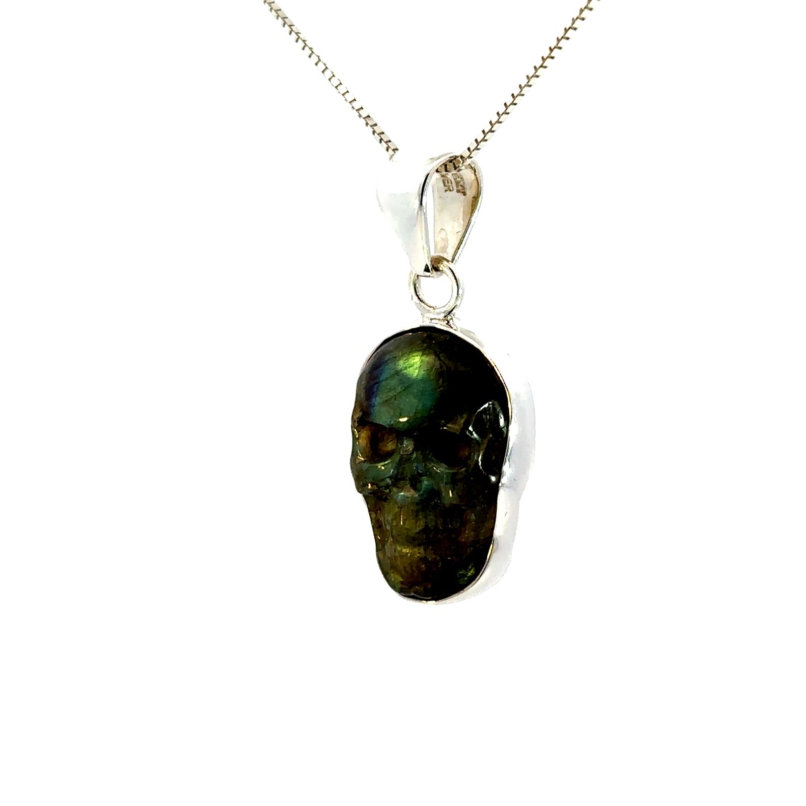 Sterling Silver Labradorite Skull Pendant (Charles Albert) 5/8 x 1 1/2 Inch