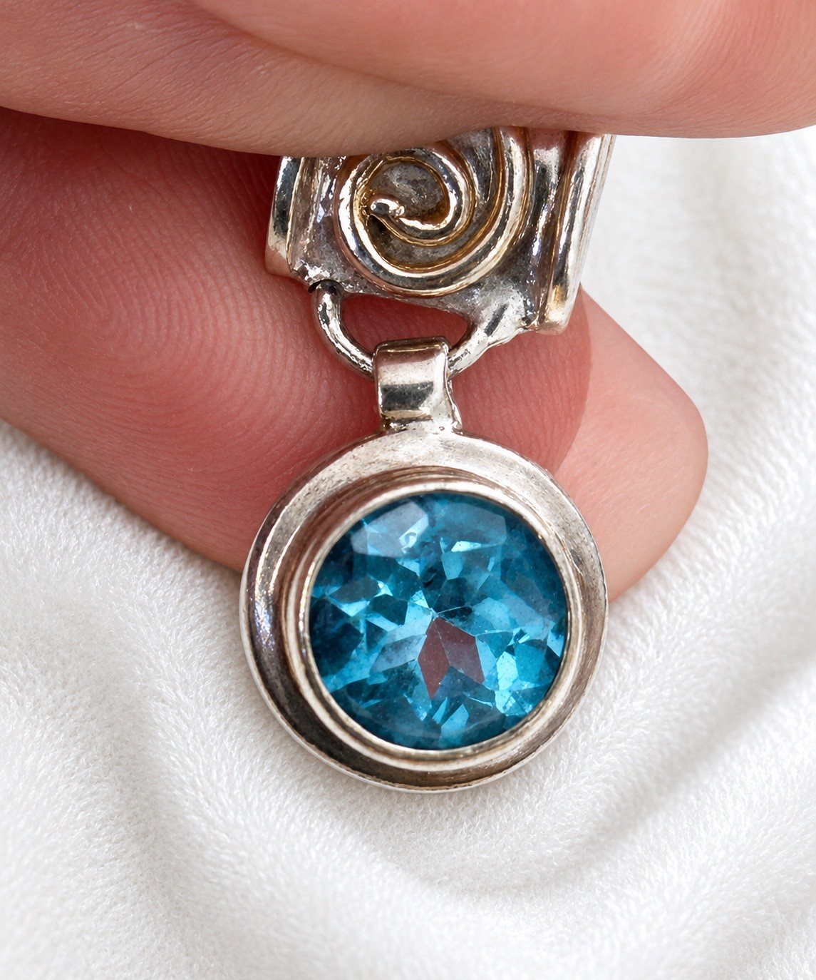 Sterling Silver Blue Topaz Pendant 925 Gold Accent Artisan Slide Pendant