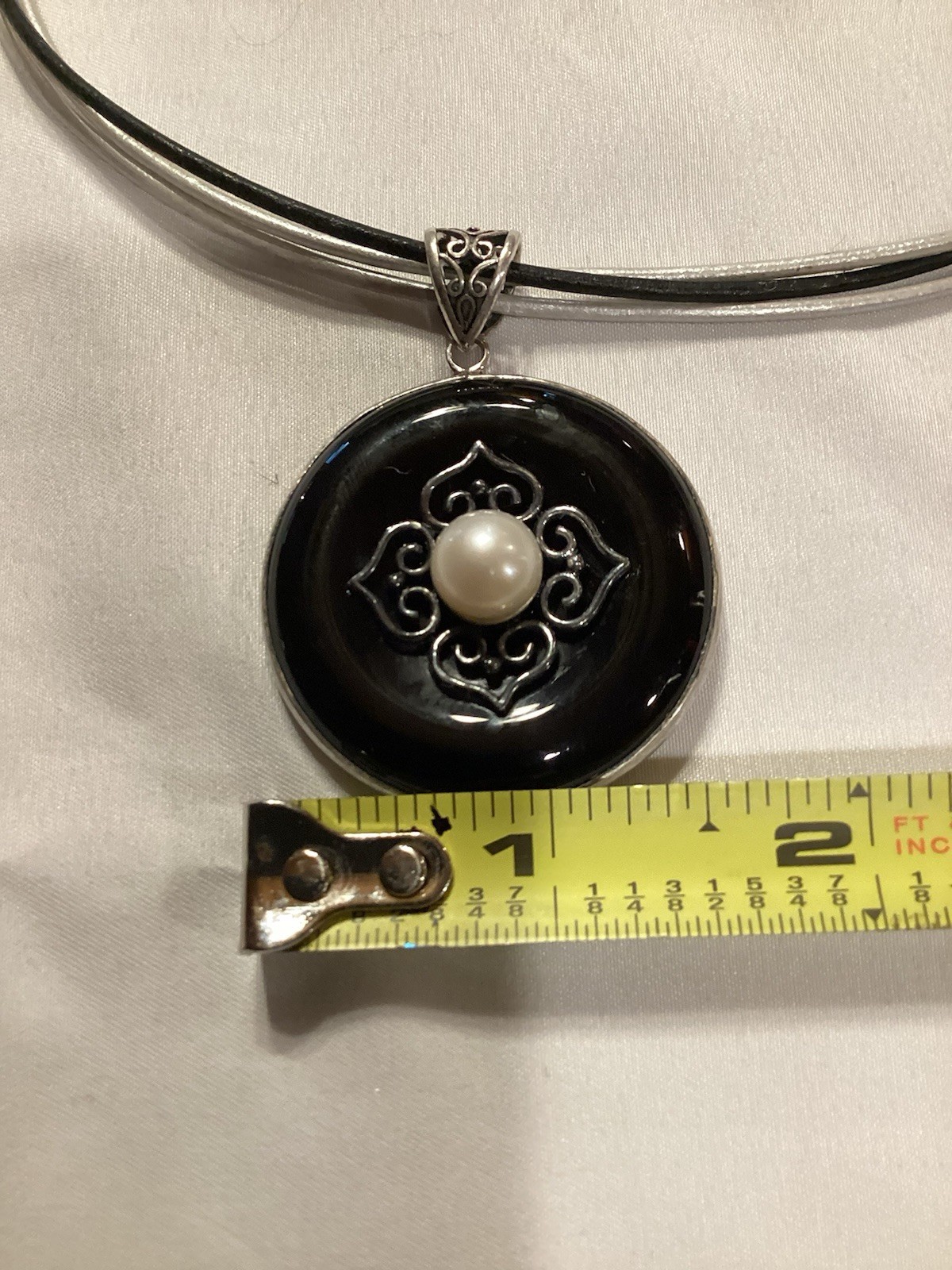 BJ Sterling Silver 925 Black Onyx White Pearl Pendant Leather Necklace