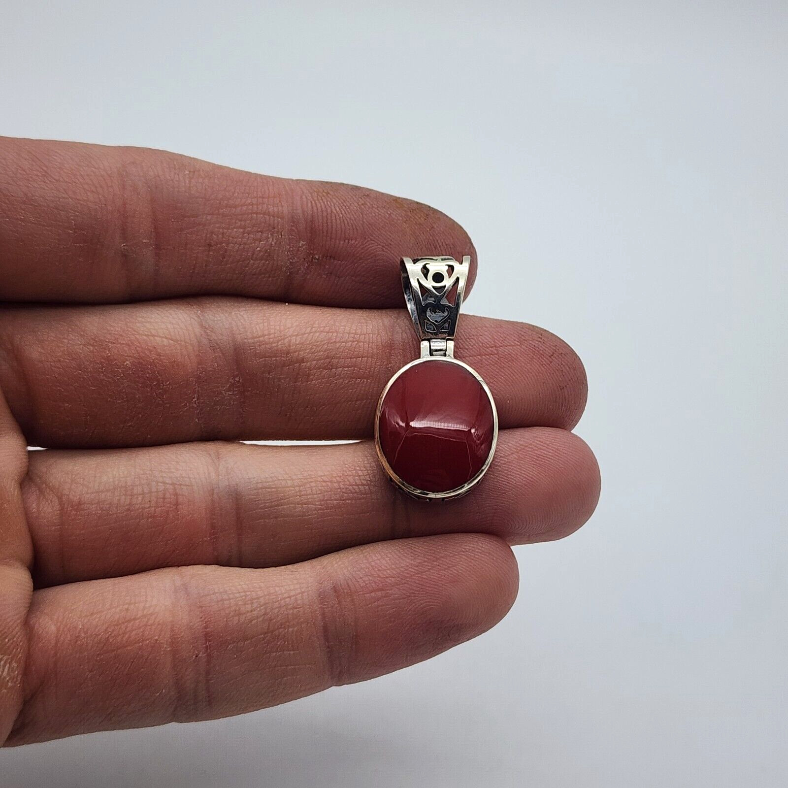 Sterling Silver 925 Red Plastic Resin – Open Work Asian Motif Pendant