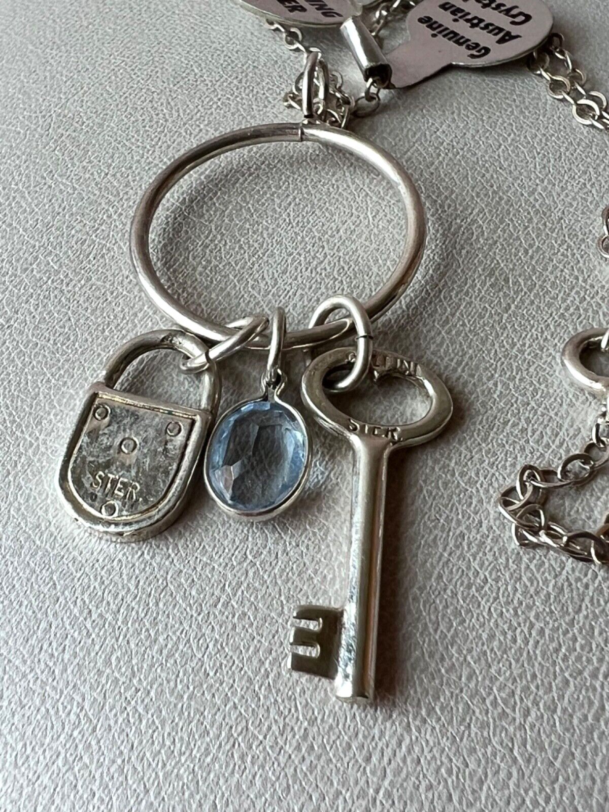 KEY, LOCK, BLUE CRYSTAL LARIAT PENDANT NECKLACE LONG CHAIN 925 STERLING SILVER