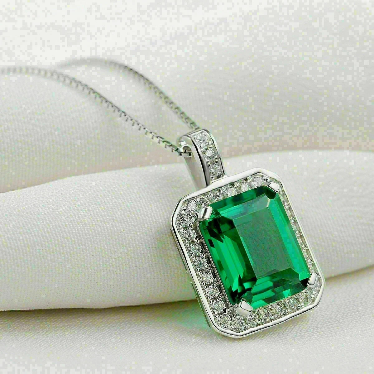 14k White Gold Plated Emerald Lab Created Green Emerald Wedding Pendant Necklace