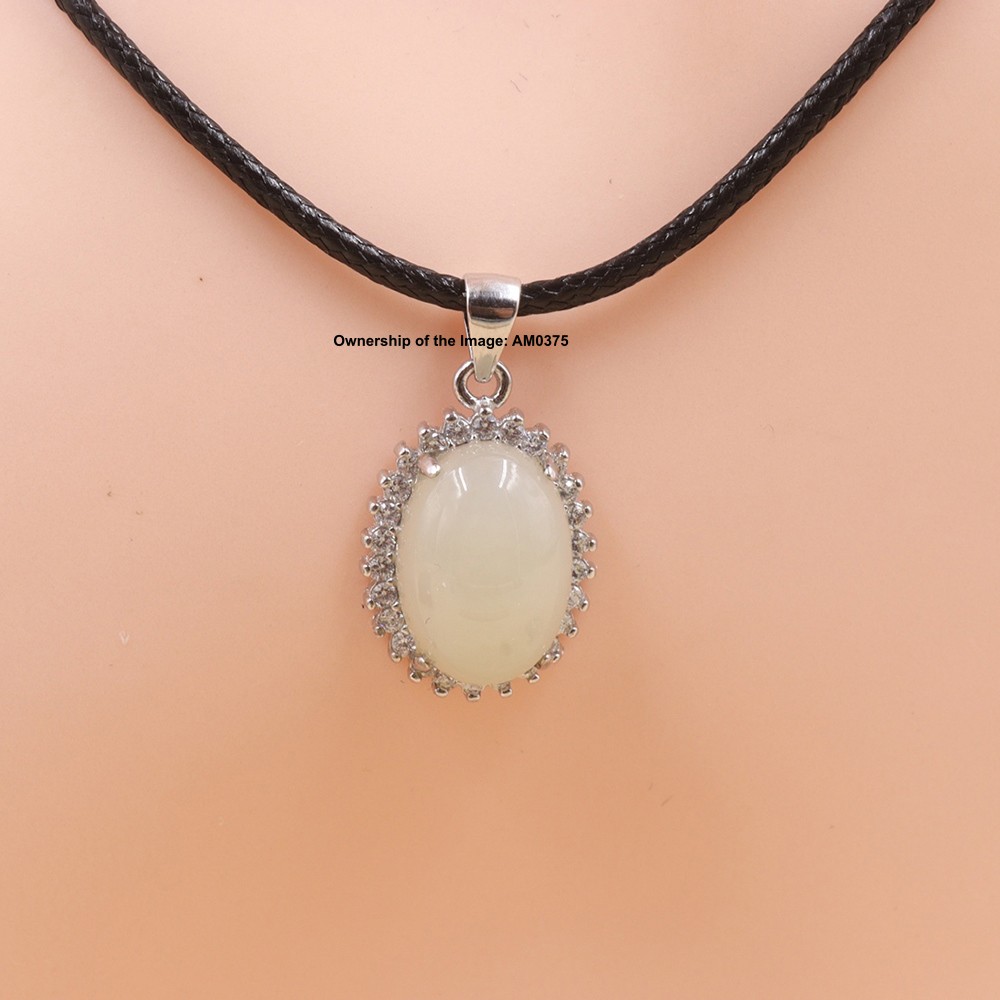NEW Natural White Jade Oval Pendant 925 Sterling Silver Pendant