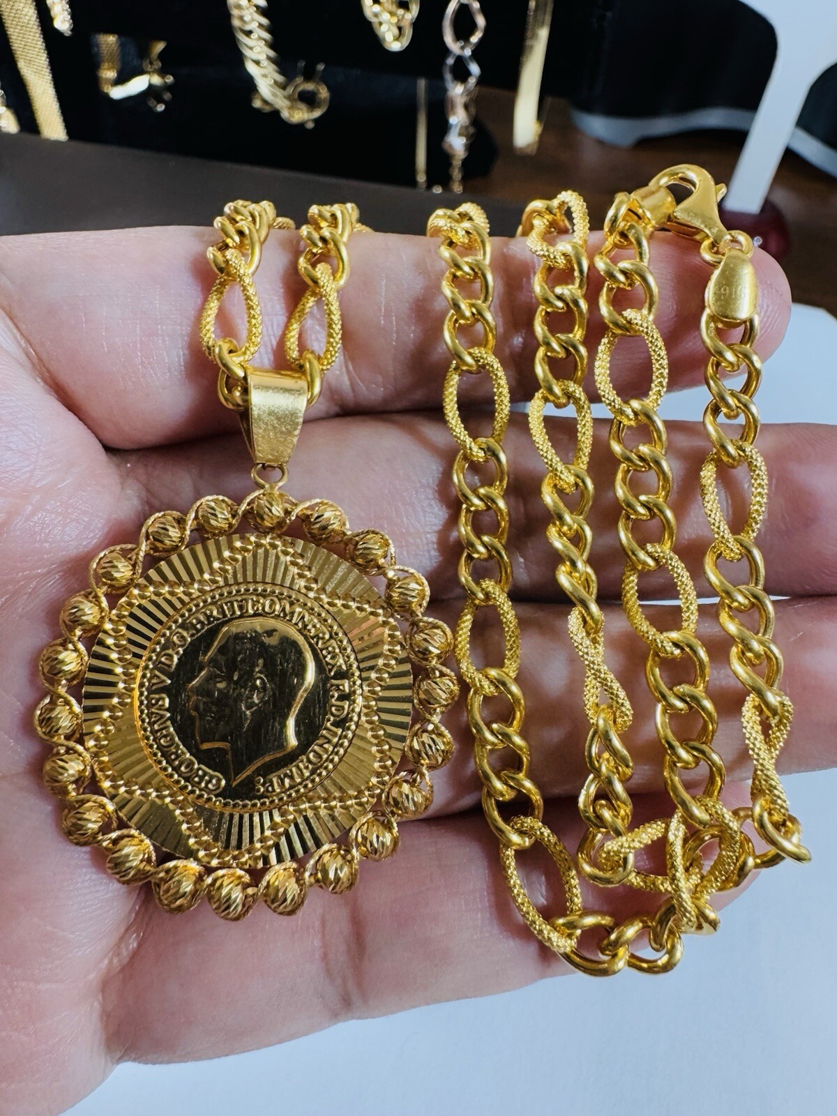 Solid 22K 916 Fine Yellow Dubai Real Gold 18” Long Coin Set Necklace 5.5mm 18.3g