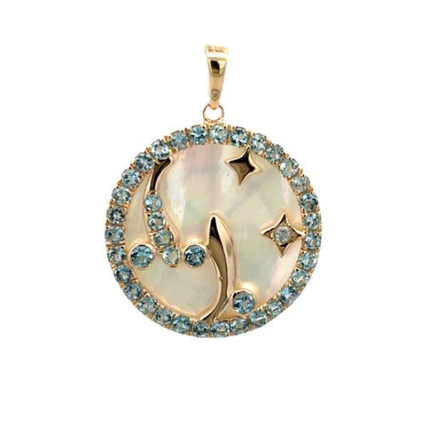 Pisces Aquamarine Sterling Silver Charm Pendant, Mother of Pearl Zodiac Jewelry