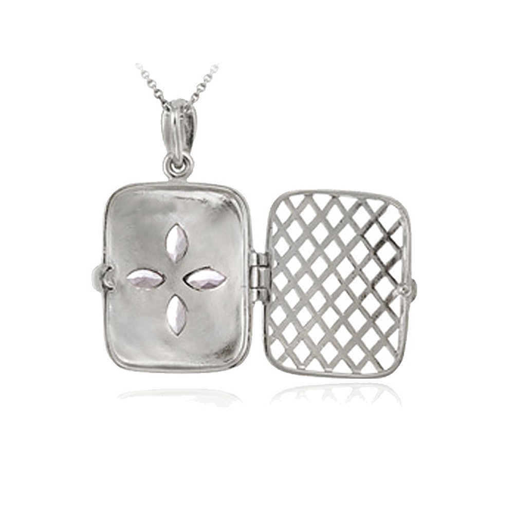 Silver Tone Gemstone Flower Marcasite Locket Necklace, 2 Colors