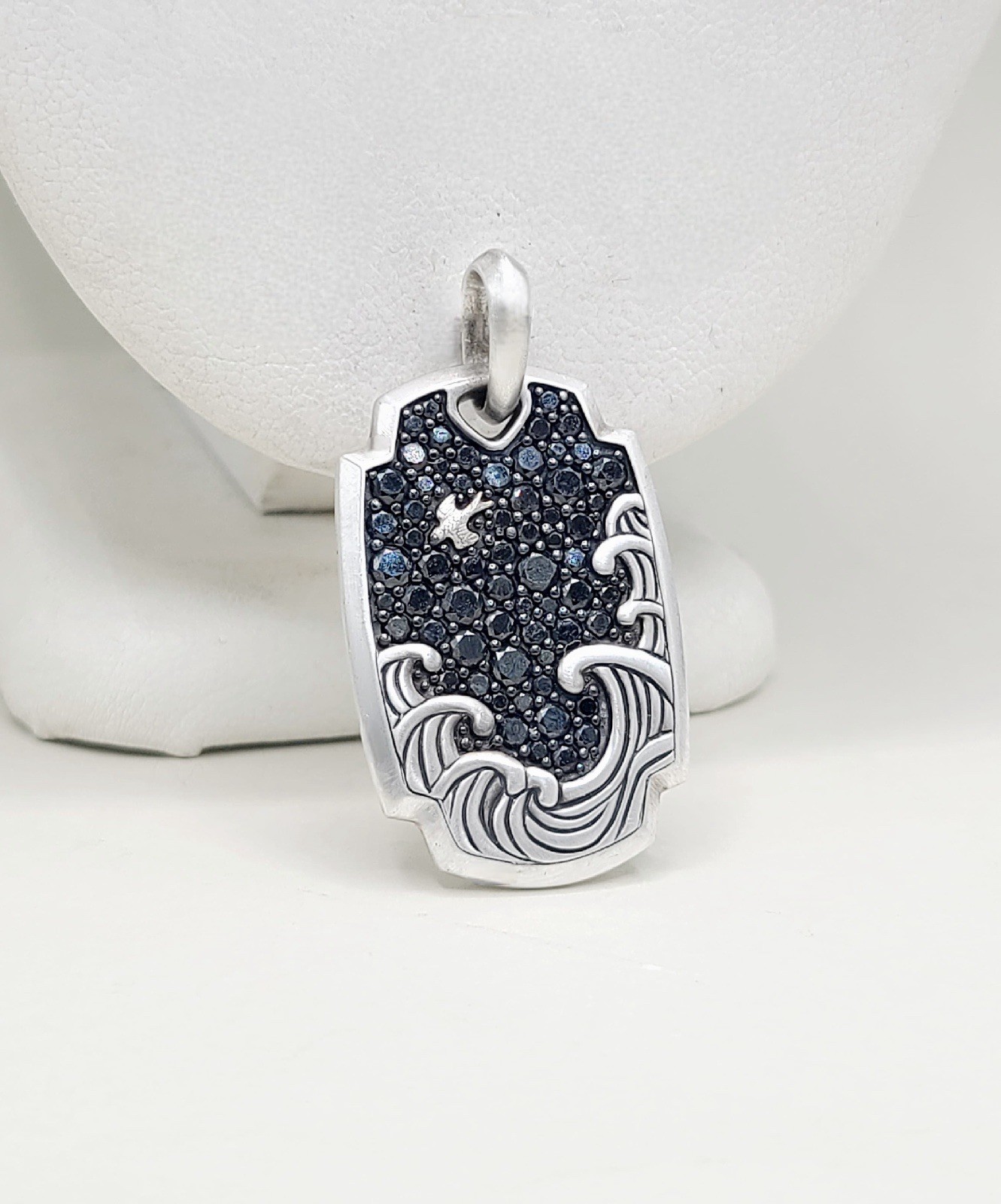 David Yurman Waves Tag Pendant With Pave Black Diamonds In Sterling Silver