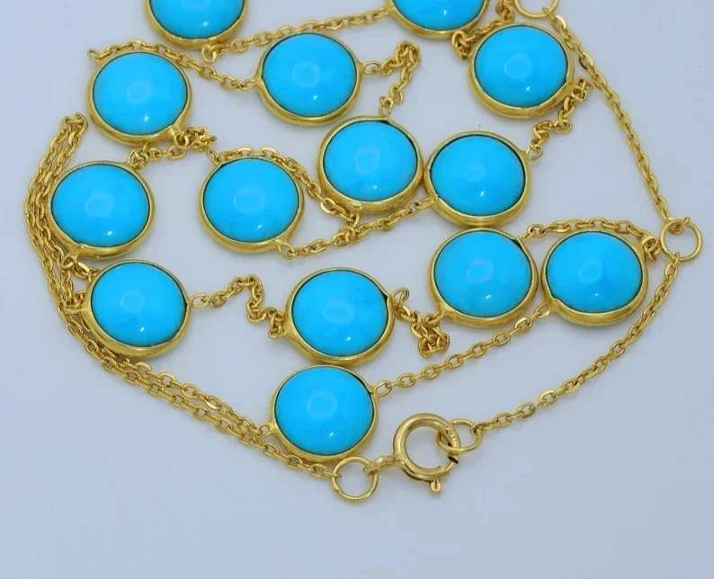 18K Yellow Gold Plated Station Necklace With 7.8mm Sleeping Beauty Turquoise 18″
