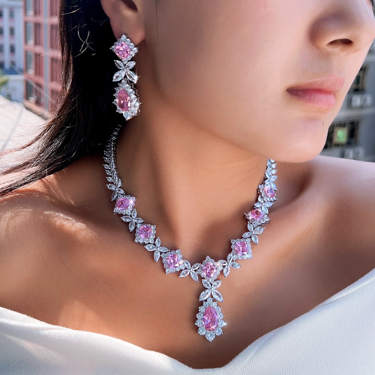 Pink Sapphire Crystal Necklace & Earrings Set Silver Tone Bridal Statement Jew