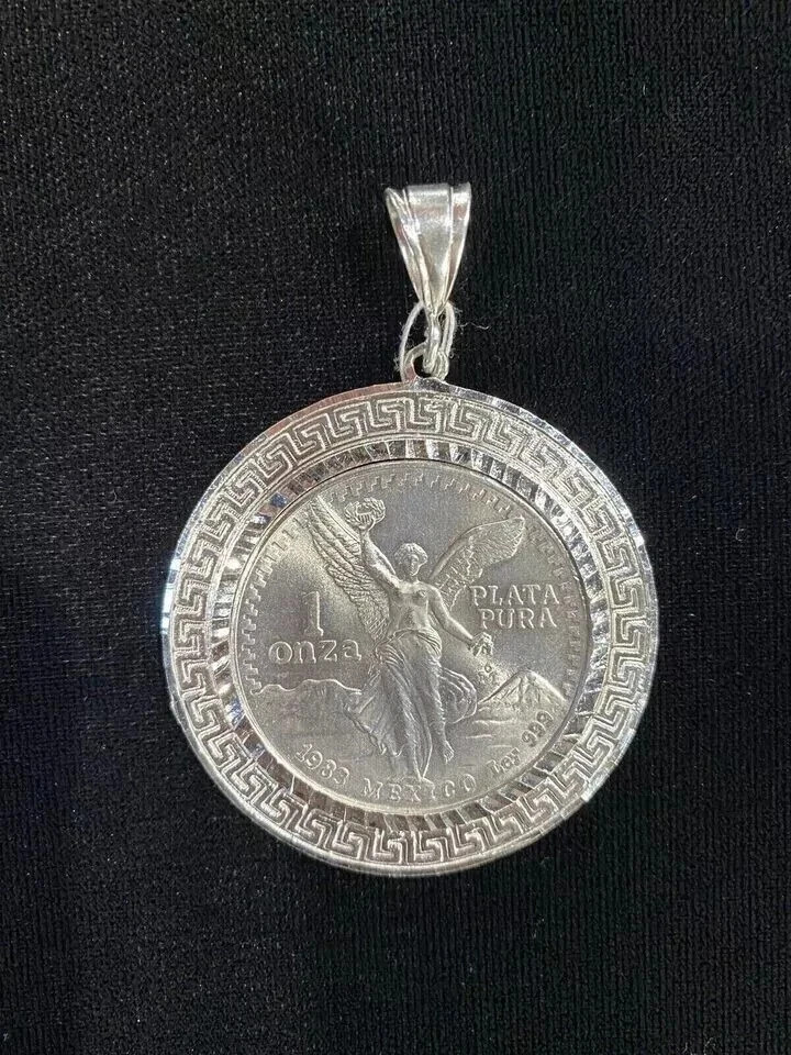 Round Cut CENTENARIO Mexican Shape Pendant Sterling Silver 14K White Gold Finish