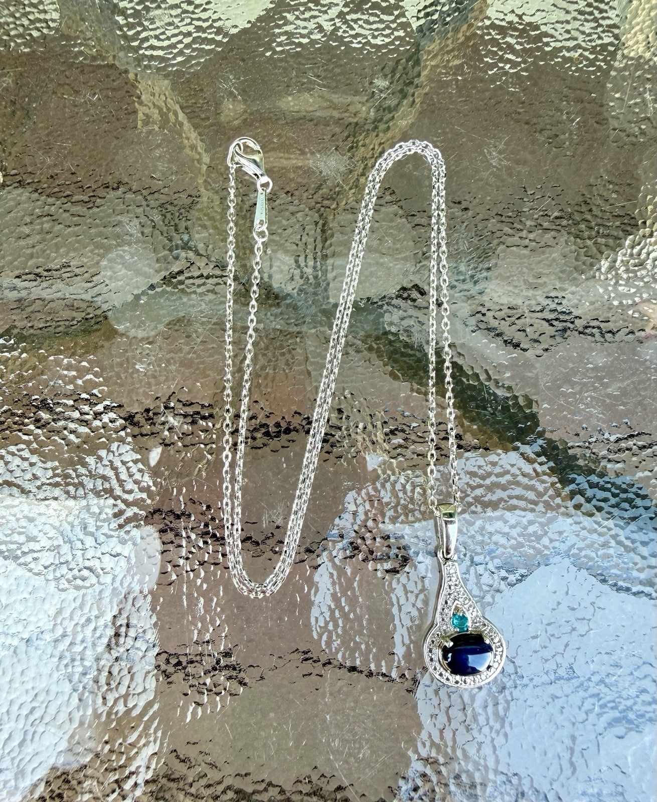 Signed STS 925 Sterling Silver Blue Star Sapphire & Apatite Pendant Necklace 18”