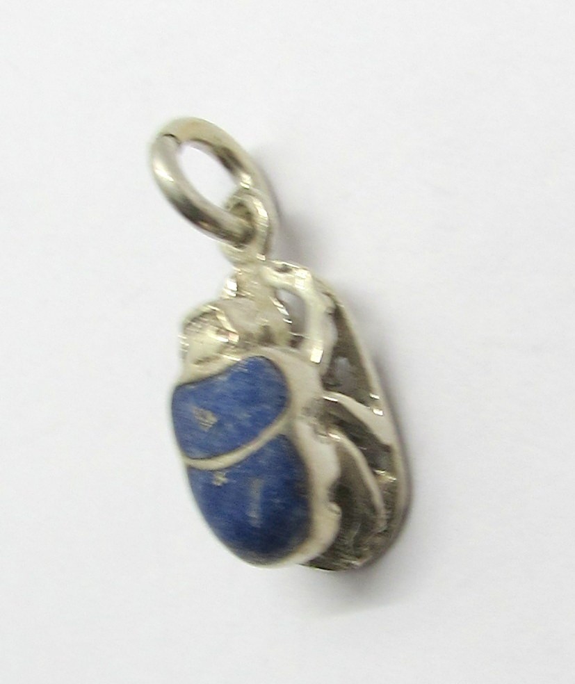 925 STERLING SILVER LAPIS LAZULI SCARAB BEETLE PENDANT OR CHARM 22X9MM ~ 2.1G