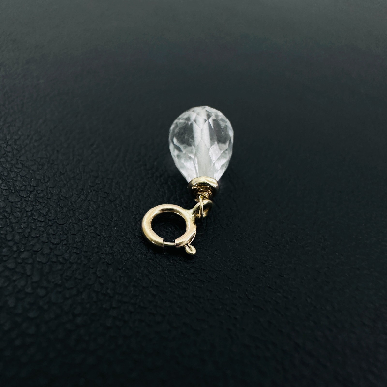 14K Solid Yellow Gold Small Clear Quartz Briolette Charm Pendant w/Spring Clasp