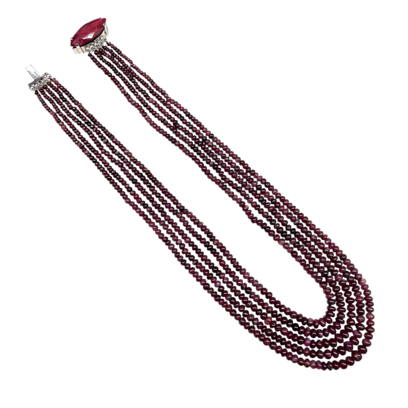 5 Strand Natural Ruby Necklace 3-6mm Plain Cabochon Beads 925 Silver Ruby Clasp