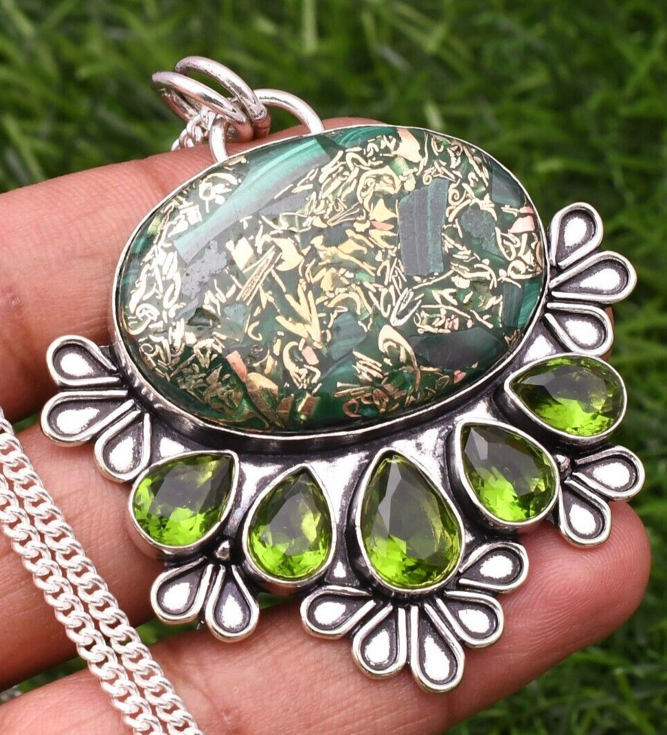 Copper Malachite 925 Sterling Silver Gemstone Handmade Jewelry Pendant 2.15″