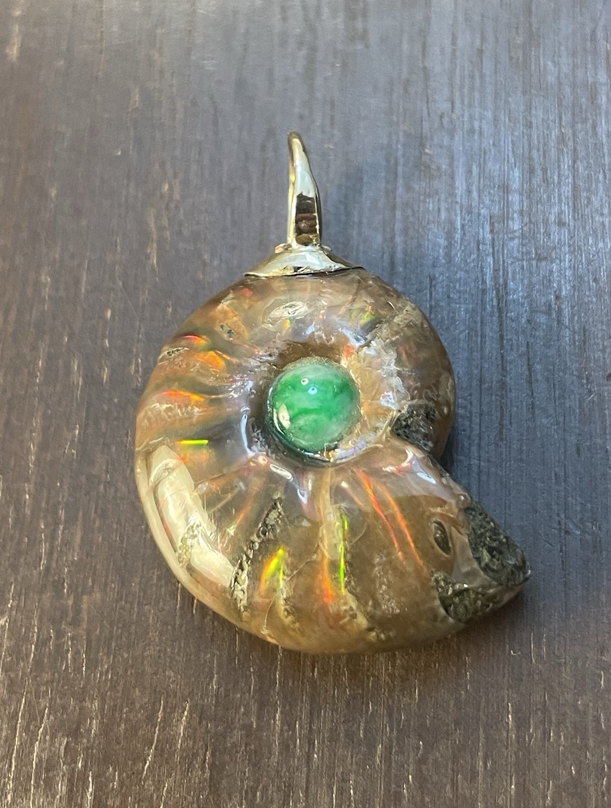 14K Solid Yellow Gold Natural Ammolite Fossil +GLOWING Jade Gemstones Amulet!
