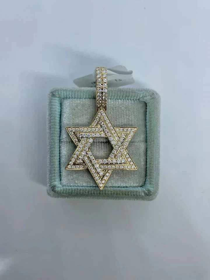 2.40Ct Round Cut Real Moissanite Star Of David Pendant 14K Yellow Gold Plated