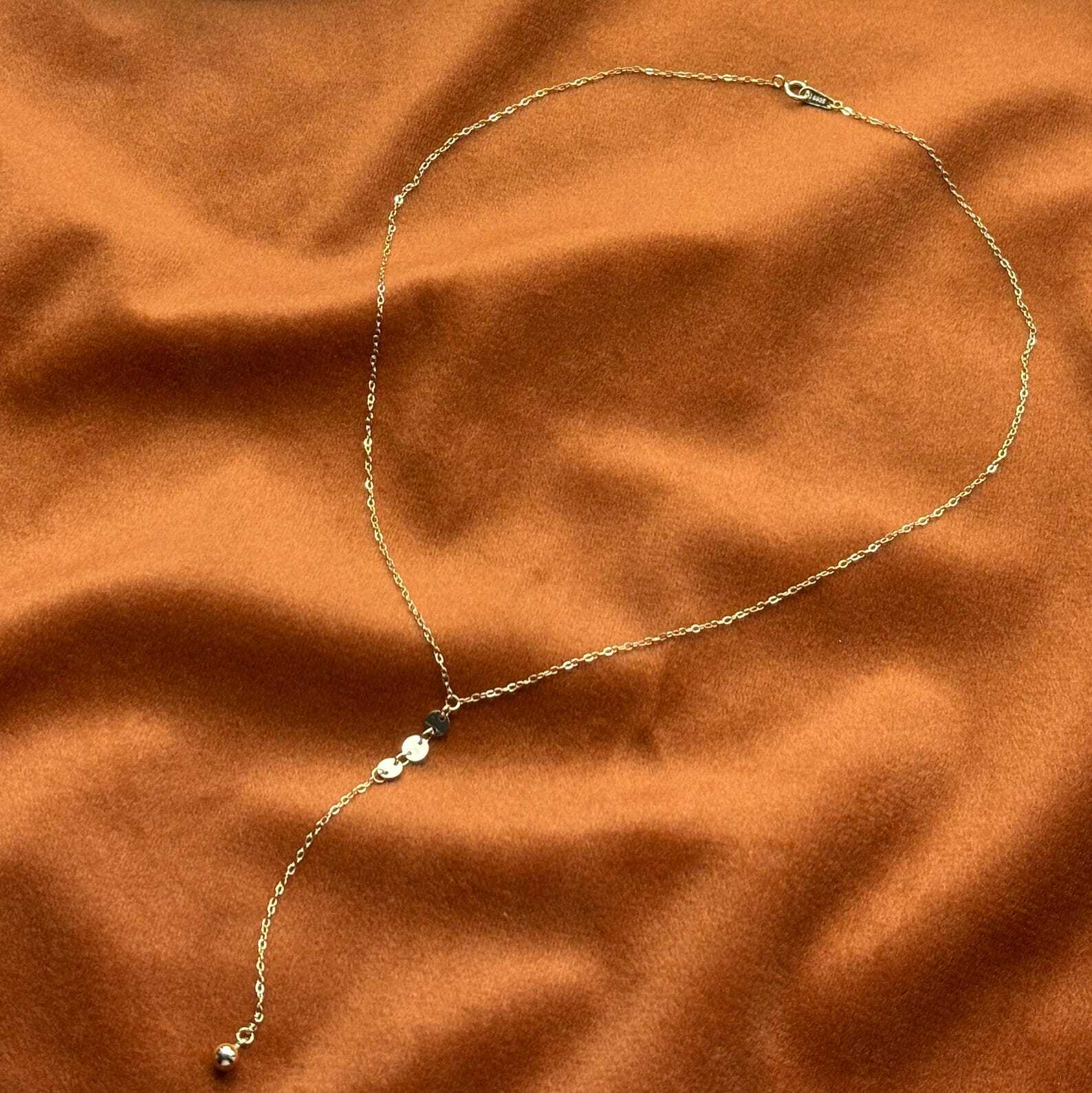 14K Gold Plated S925 Sterling Silver Chain Y Lariat Necklace Sequin Bead Pendant