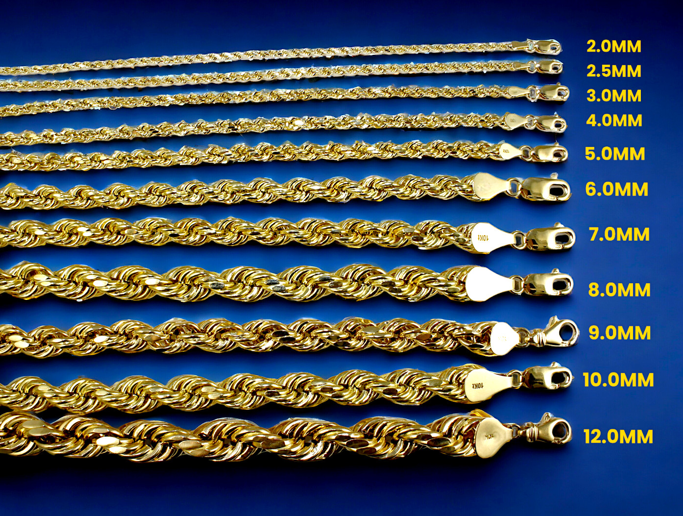 10K Yellow Gold 2mm-10mm Rope Chain Necklace Diamond Cut All Sizes Real