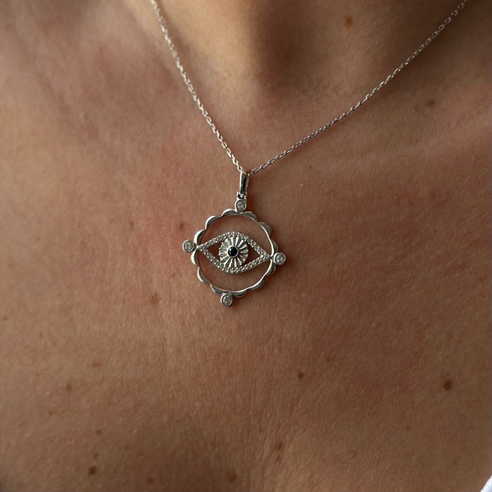 14k Gold Evil Eye Pendant Necklace Lab-Created Sapphire Diamond Protective Charm