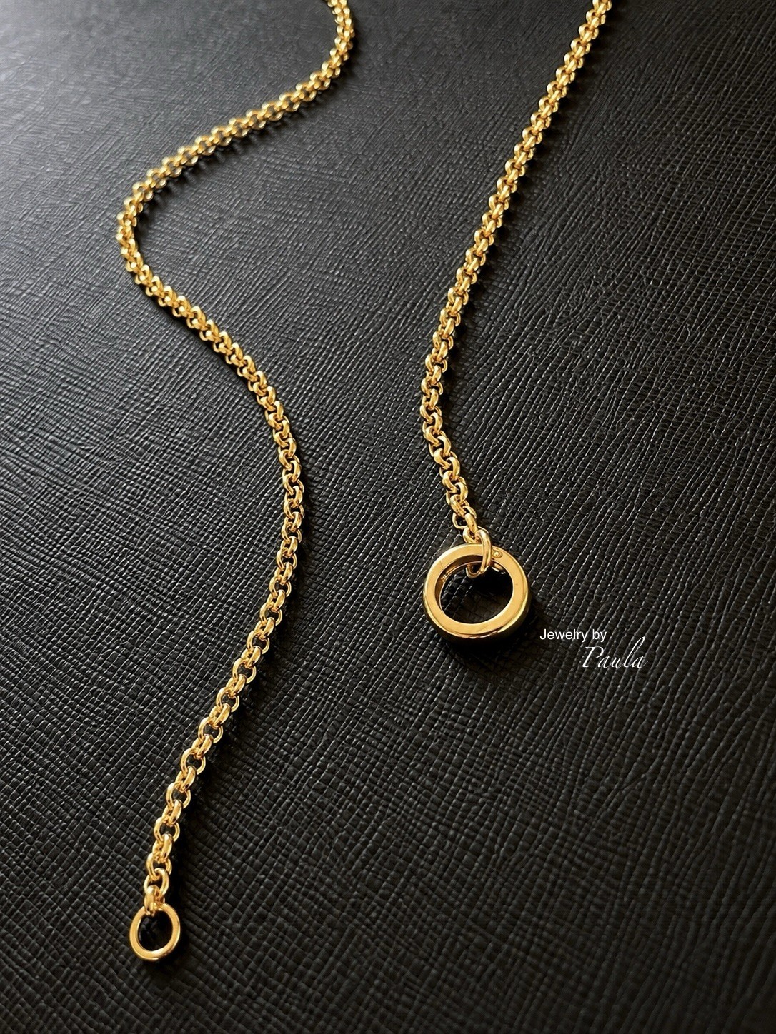 Rolo Chain Charm Necklace Solid 14k Solid Gold with Stacker Clasp