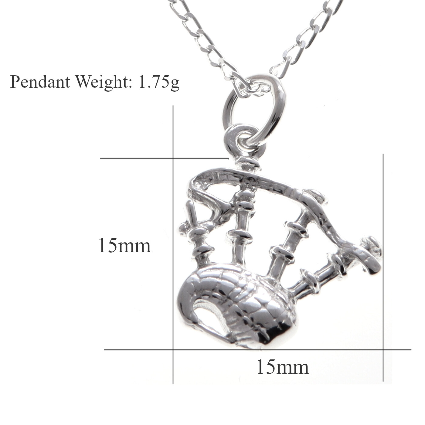Scottish Necklace – Sterling Silver Bagpipes Pendant with 18″ Silver Chain & Box