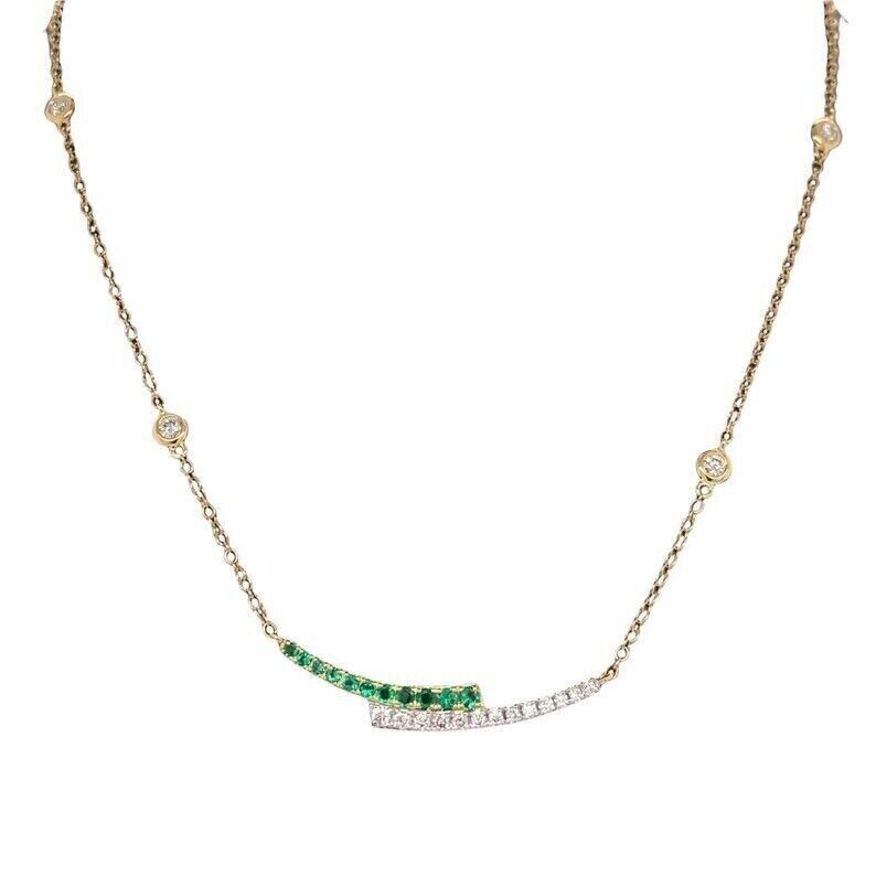 14K Yellow FN Lab Created Emerald Double Bar Charm Diamond By The Yard Necklace