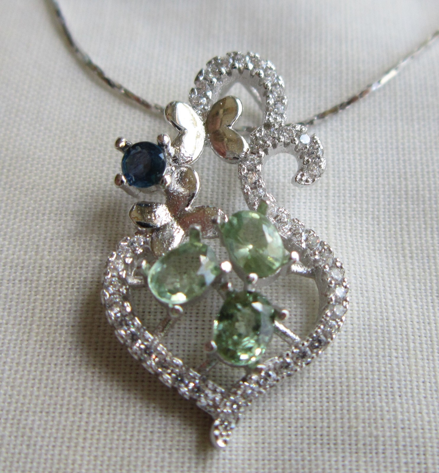 .925 STERLING SILVER GENUINE GREEN & BLUE SAPPHIRE / LC DIAMOND PENDANT NECKLACE
