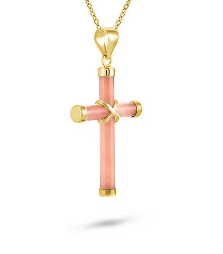14K Yellow Gold Pink Jade Cross Religious Cross Pendant 1 1/2 Inch Drop