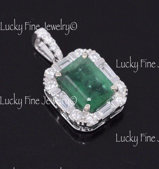 1.97ct 14k White gold Colombian Emerald & Natural Diamond Pendant May Birthstone