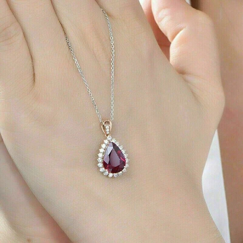 Lab-Created Red Garnet 2Ct Pear Cut Halo Pendant 14K Rose Gold Finish