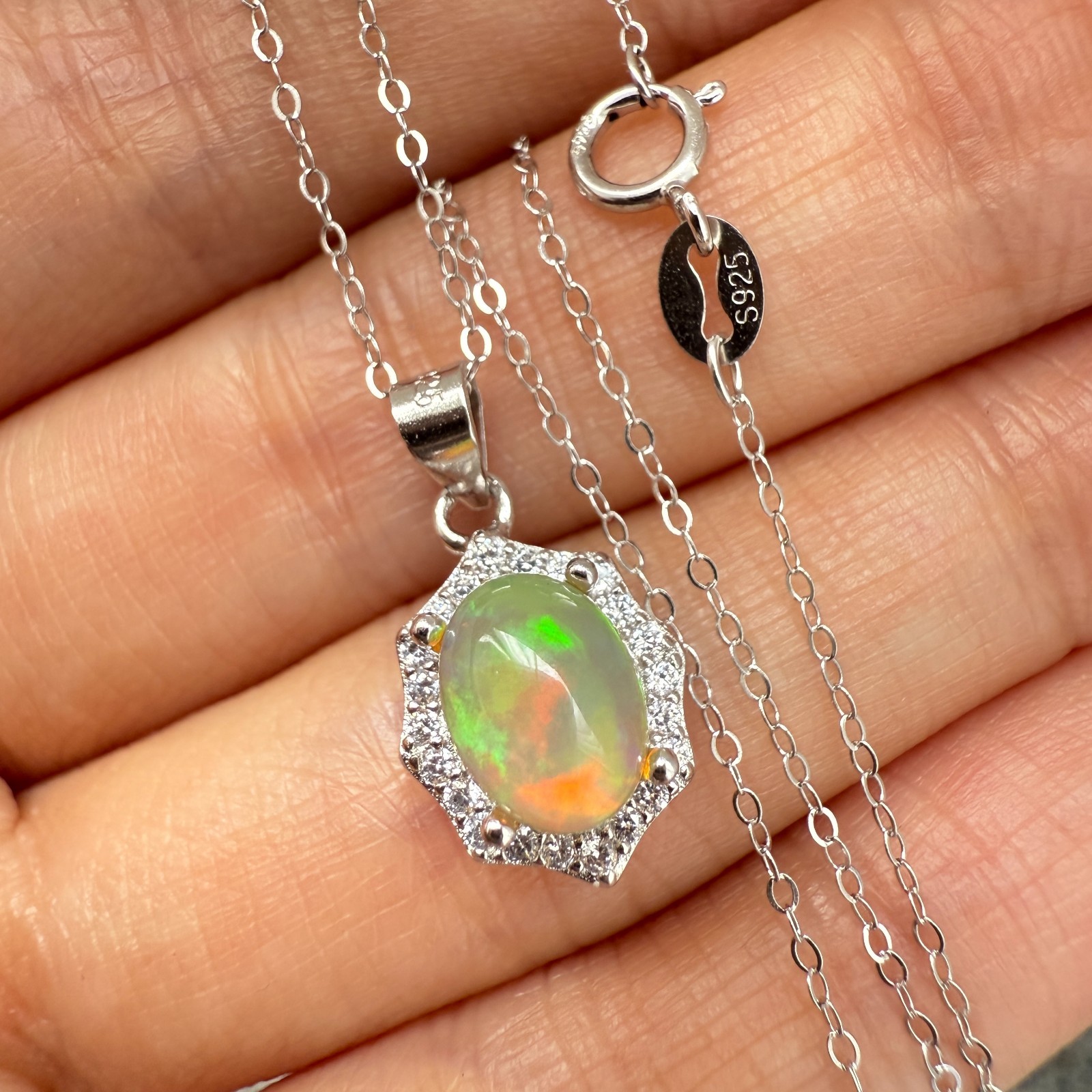 925 Sterling Silver Necklace 8x6mm Natural Opal Gemstone Zircon Flower Chain NEW