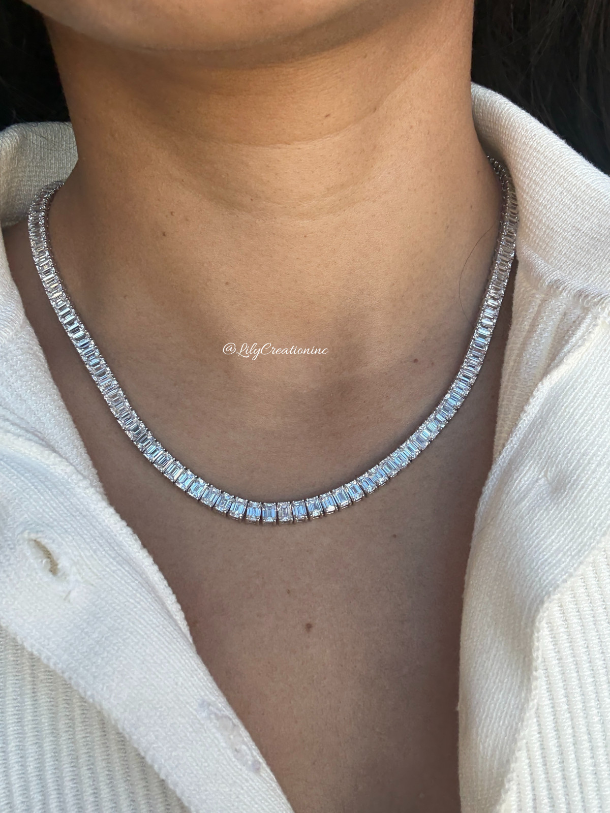 32 Ct Emerald Cut Lab Grown Diamond Tennis Necklace 16 Inch 14K Rose Gold