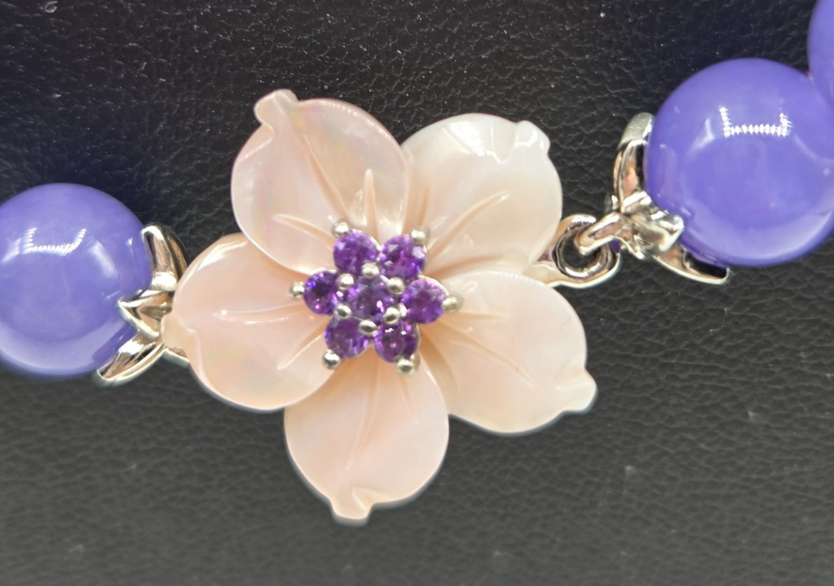 Jardin Collection Mother of Pearl, Purple Jade Carved Flower & Amethyst Necklace