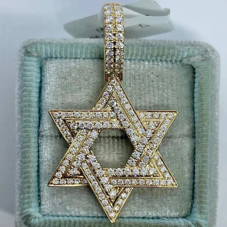 2.40Ct Round Cut Real Moissanite Star Of David Pendant 14K Yellow Gold Plated