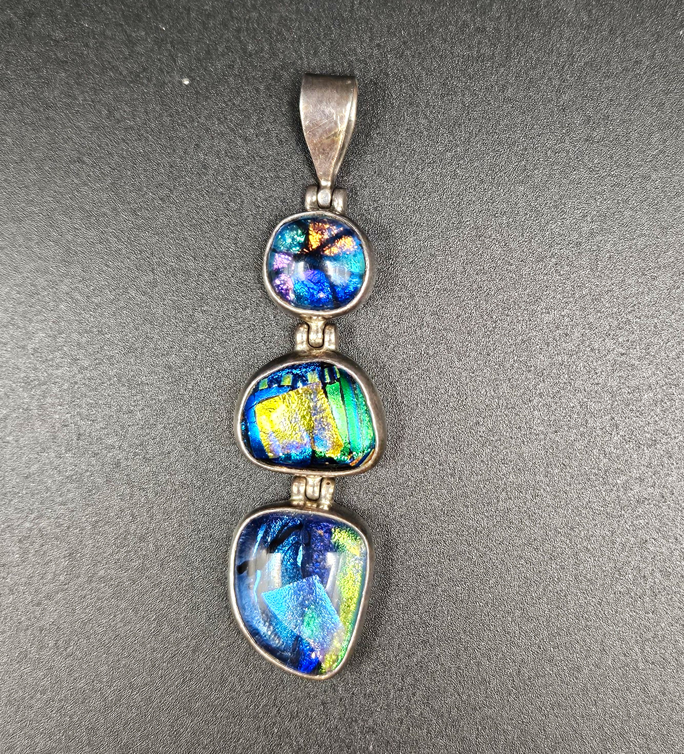 925 Sterling Silver Dichroic Art Glass Triple Drop Pendant Green Blue