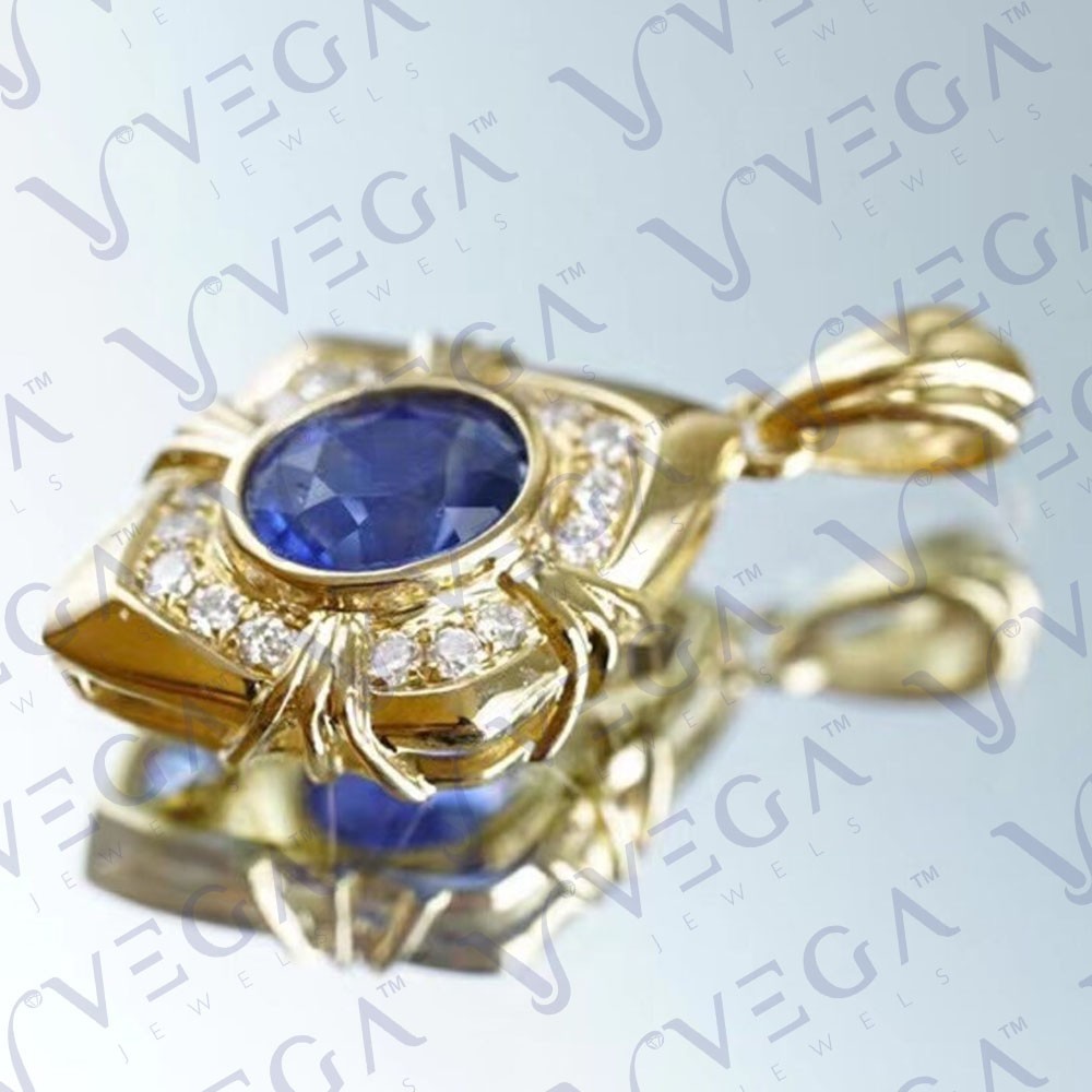 6.00ct Oval Natural Blue Sapphire Diamond Solid 14K Yellow Gold Pendant No Chain