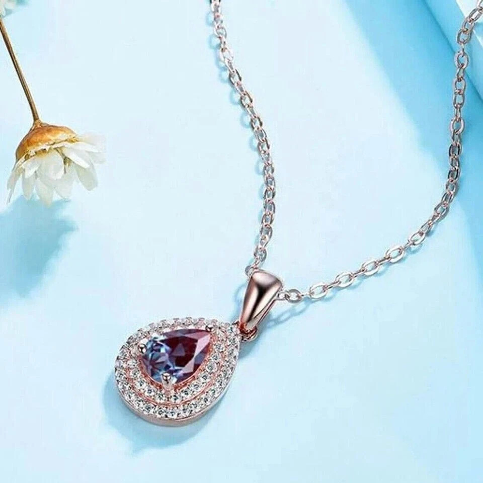 2Ct Pear Cut Lab Created Alexandrite Double Halo Pendant 14KRose Gold Chain
