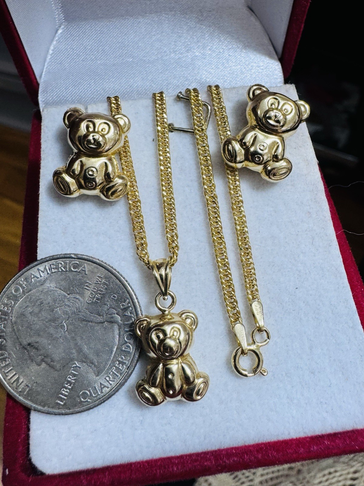 18K 750 Gold Bear Set Earring & Necklace 15.6”/16” Long 6.5g 2.2g