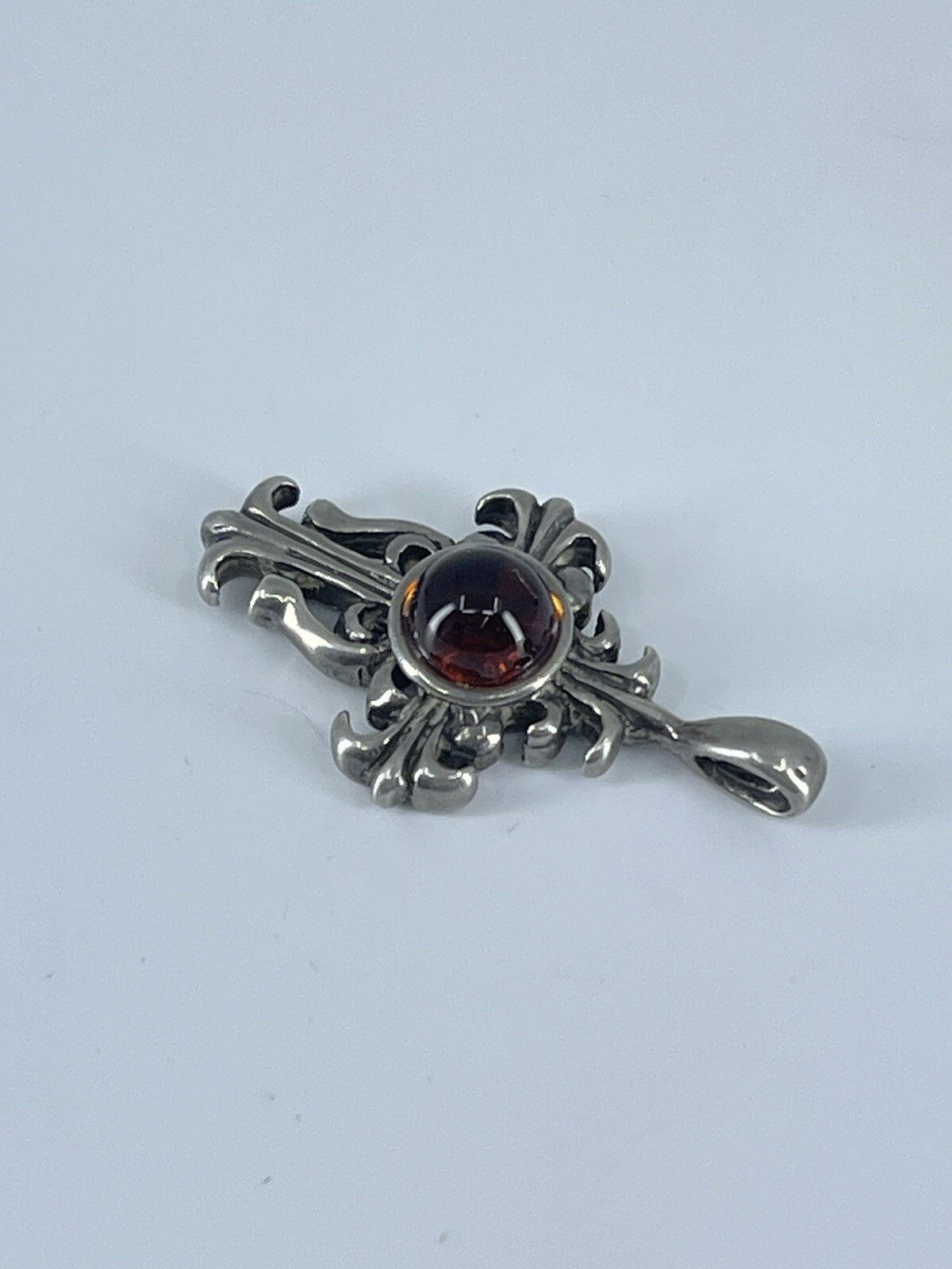 Sterling Silver Cross Pendant small orange cabochon filigree design 1-1/8″