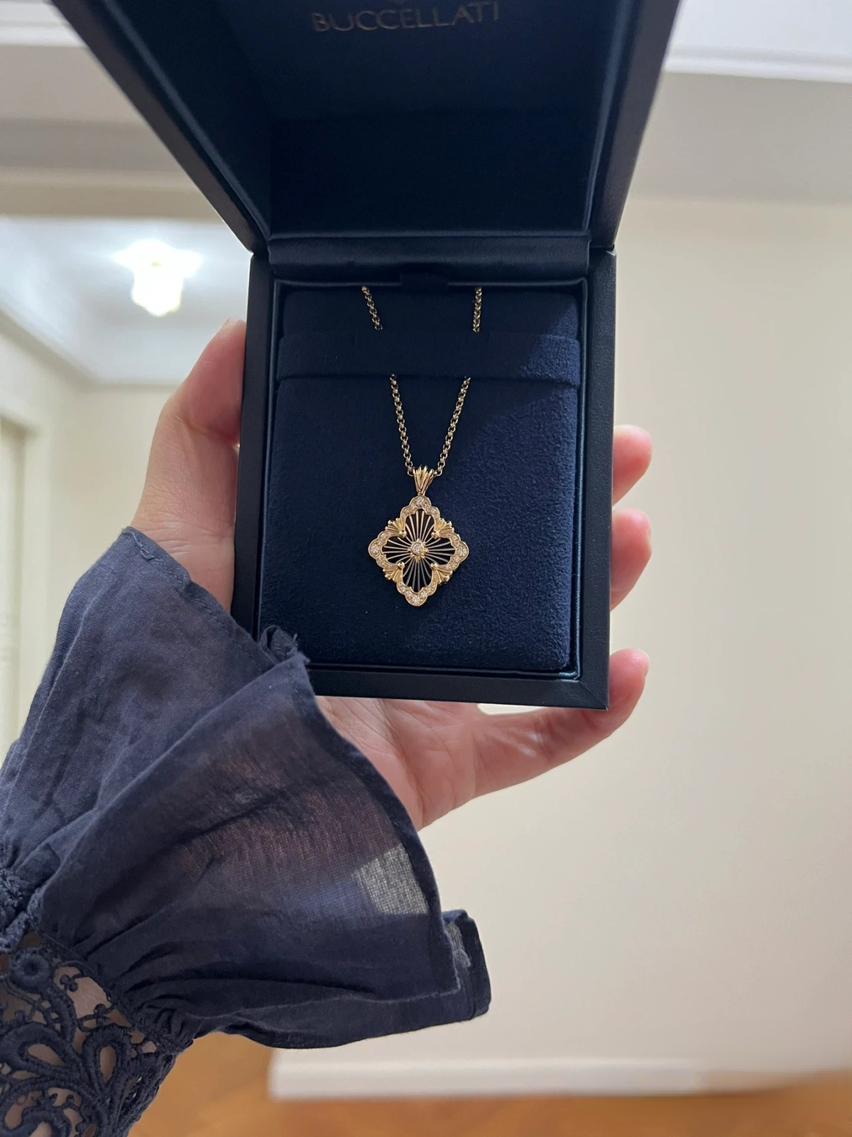 Buccellati Opera Tulle Necklace Blue Enamel Backing 18K Gold Pendant
