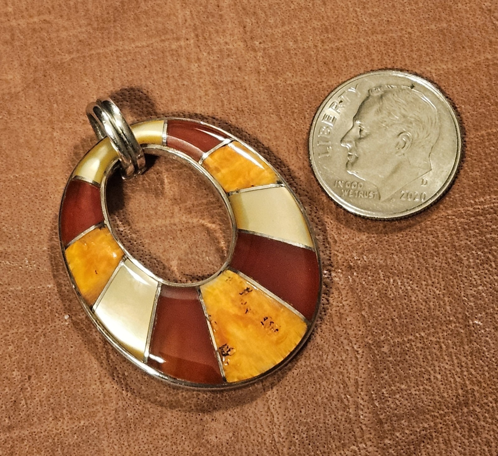 Vintage 1-5/16″ Sterling MOP Spiny Oyster Carnelian Multistone Gemstone Pendant